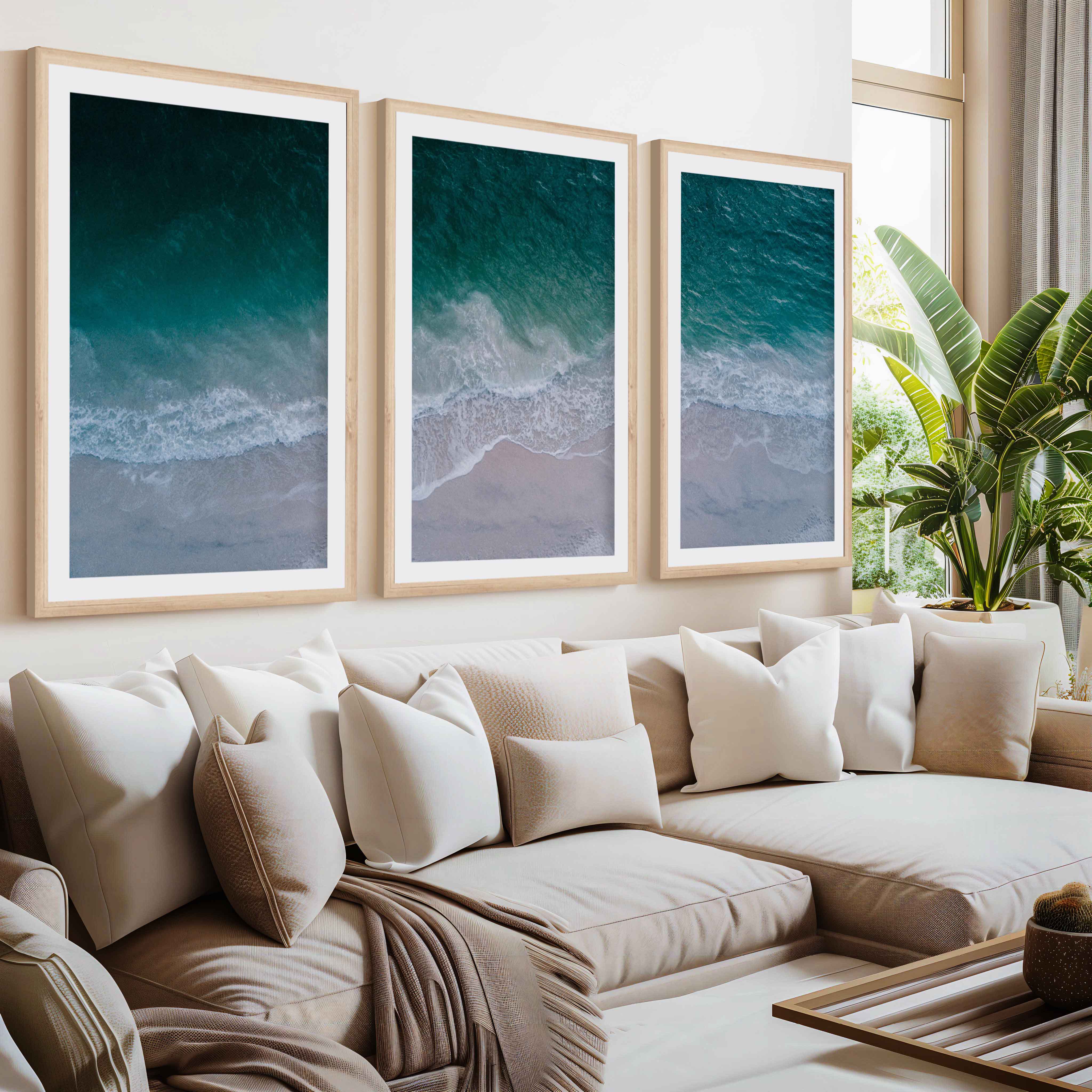 Unique Coastal Wall Decor – Deep Sea Waves and Shoreline View- Natural Wood Framed Poster with White Border - Artworksets