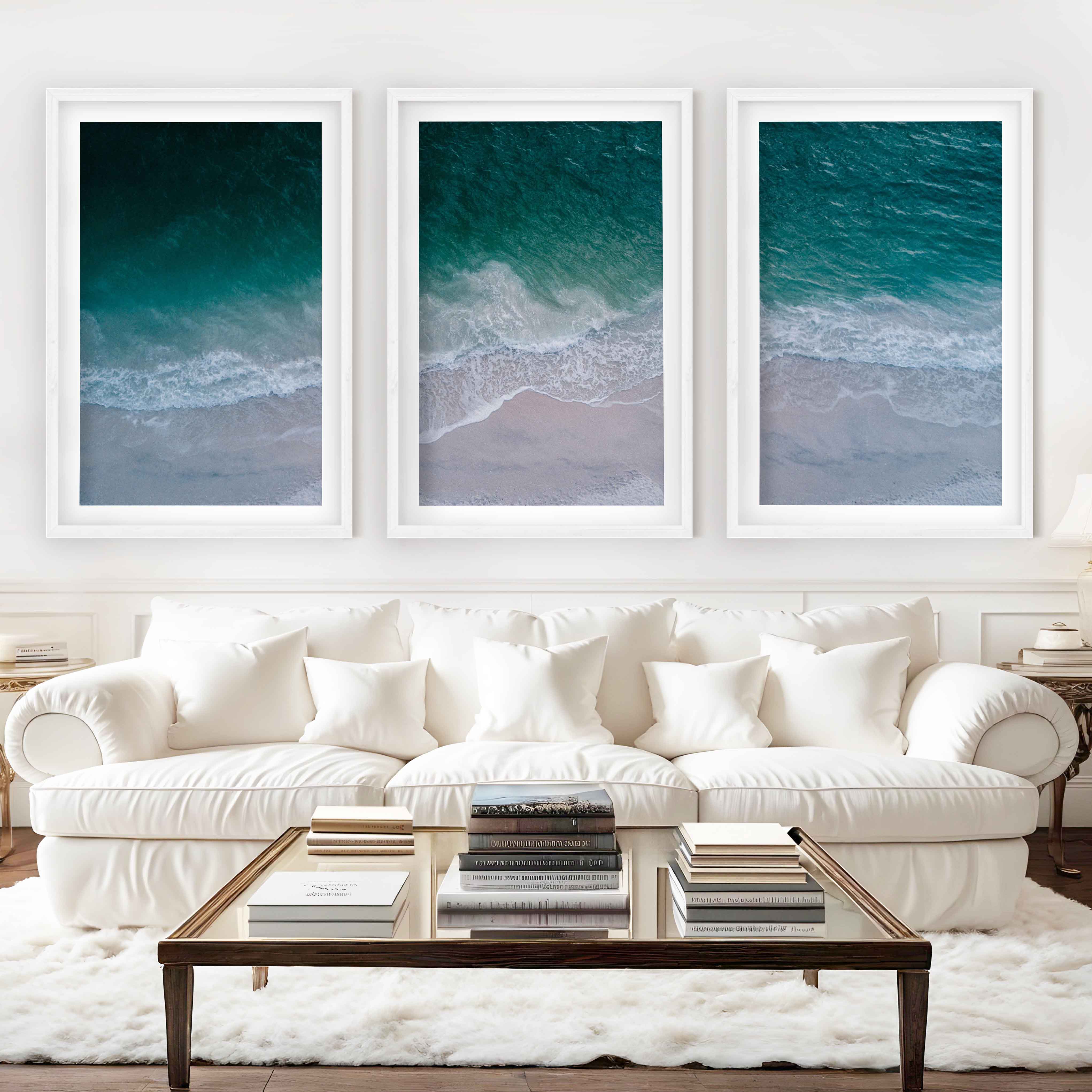 Unique Coastal Wall Decor – Deep Sea Waves and Shoreline View - White Framed Poster with White Border - Artworksets