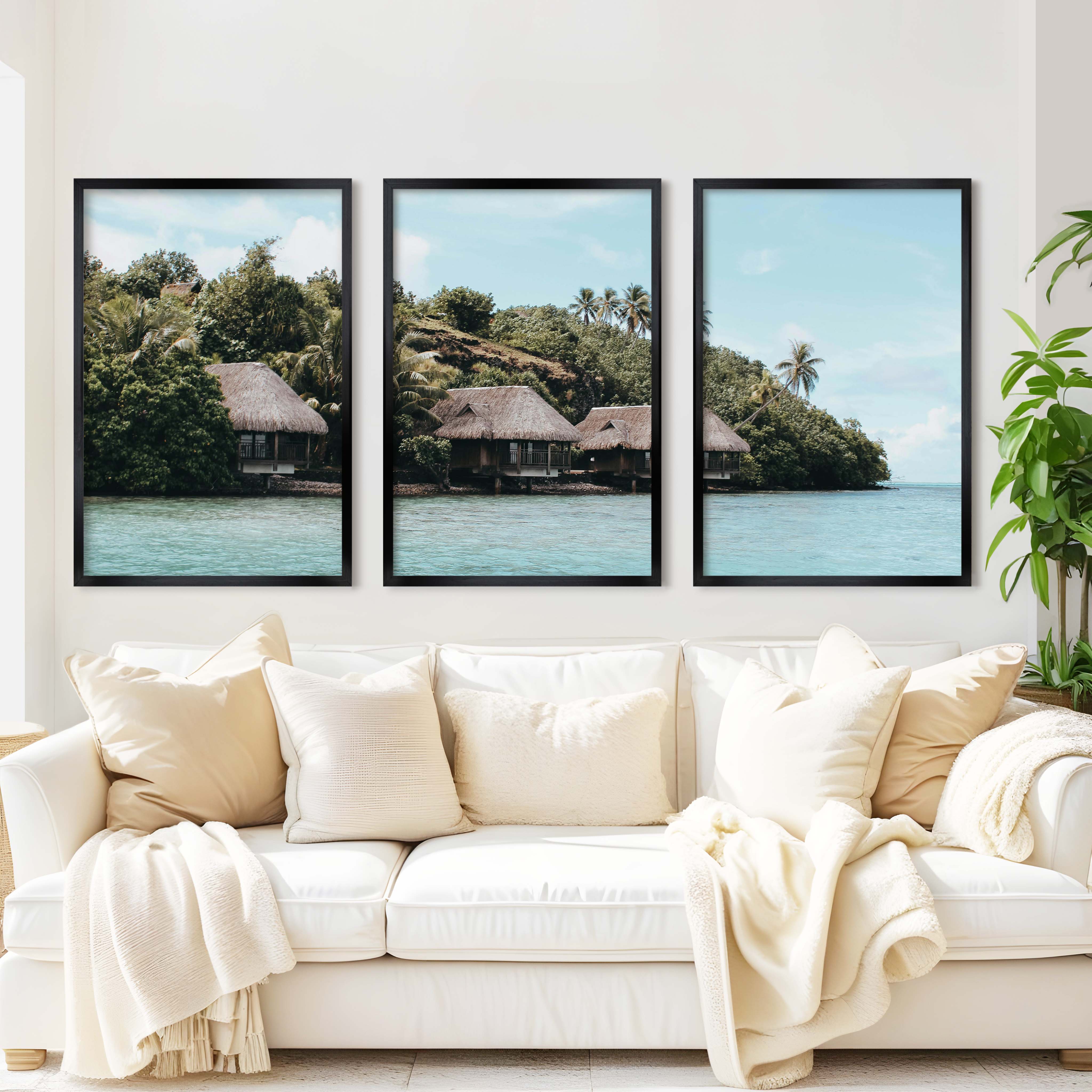 Colorful Coastal Wall Art – Island Huts and Turquoise Sea - Black Framed Poster No Border - Artworksets