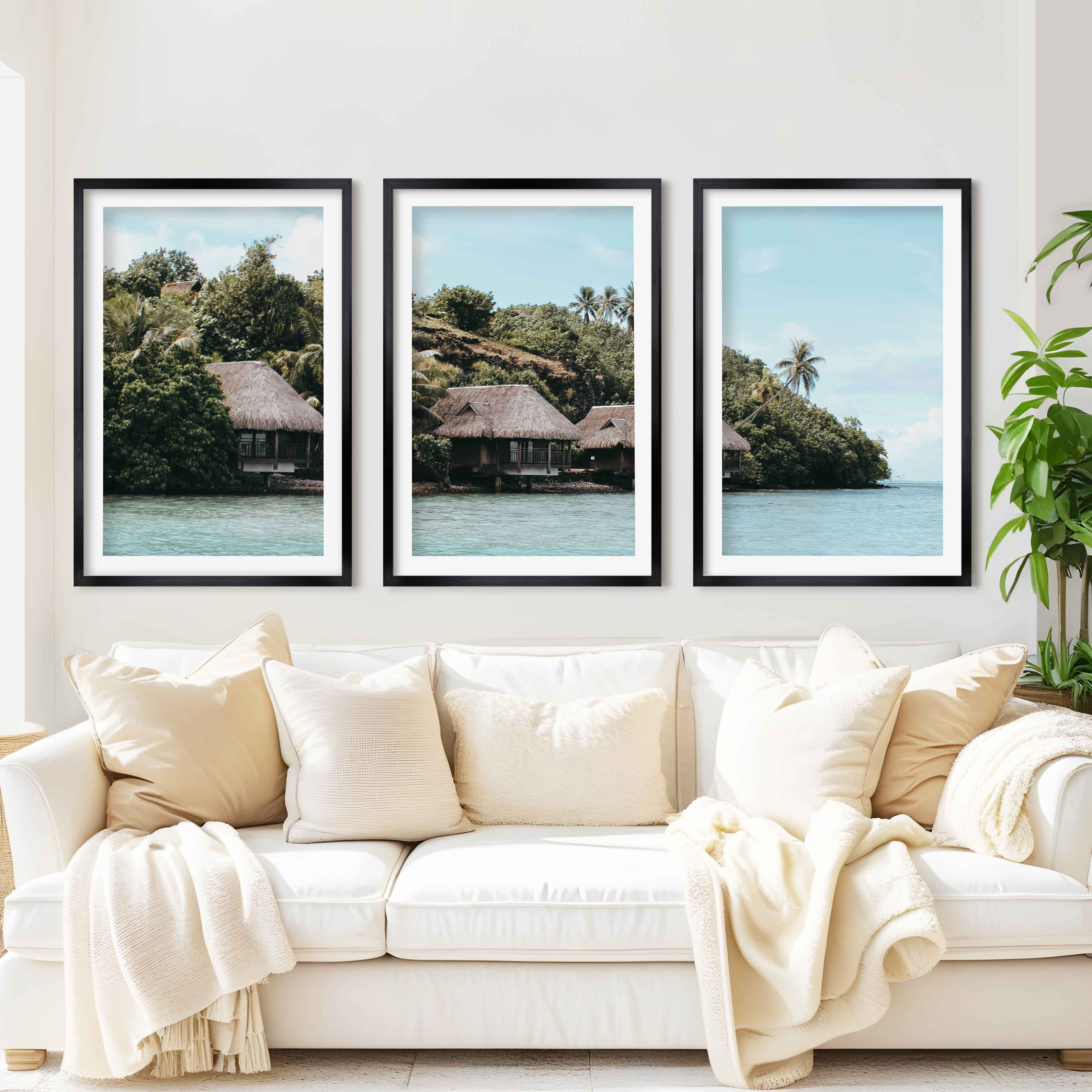 Colorful Coastal Wall Art – Island Huts and Turquoise Sea - Black Framed Poster with White Border - Artworksets