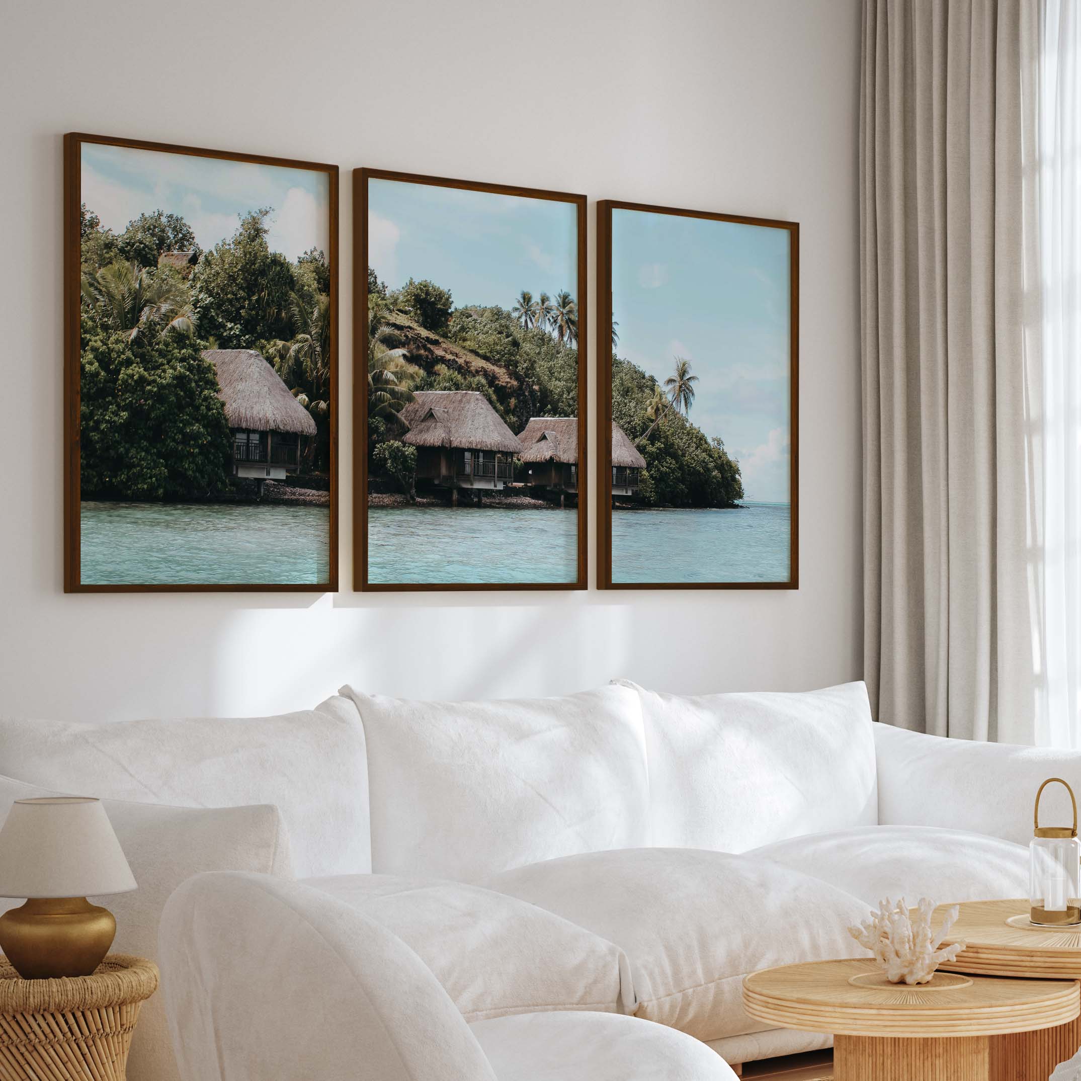 Colorful Coastal Wall Art – Island Huts and Turquoise Sea - Dark Brown Framed Poster No Border - Artworksets