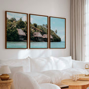 Colorful Coastal Wall Art – Island Huts and Turquoise Sea - Dark Brown Framed Poster No Border - Artworksets
