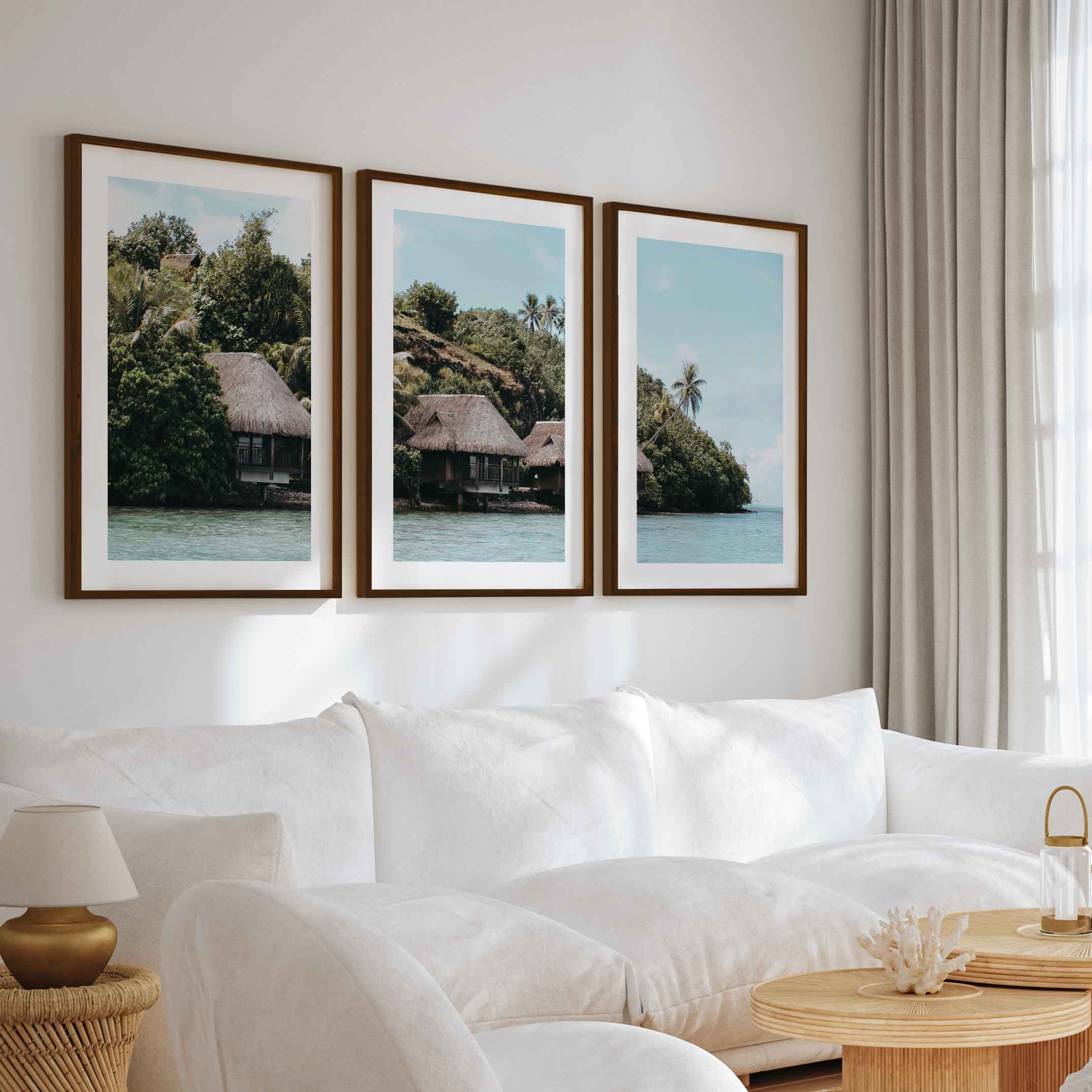 Colorful Coastal Wall Art – Island Huts and Turquoise Sea - Dark Brown Framed Poster with White Border - Artworksets