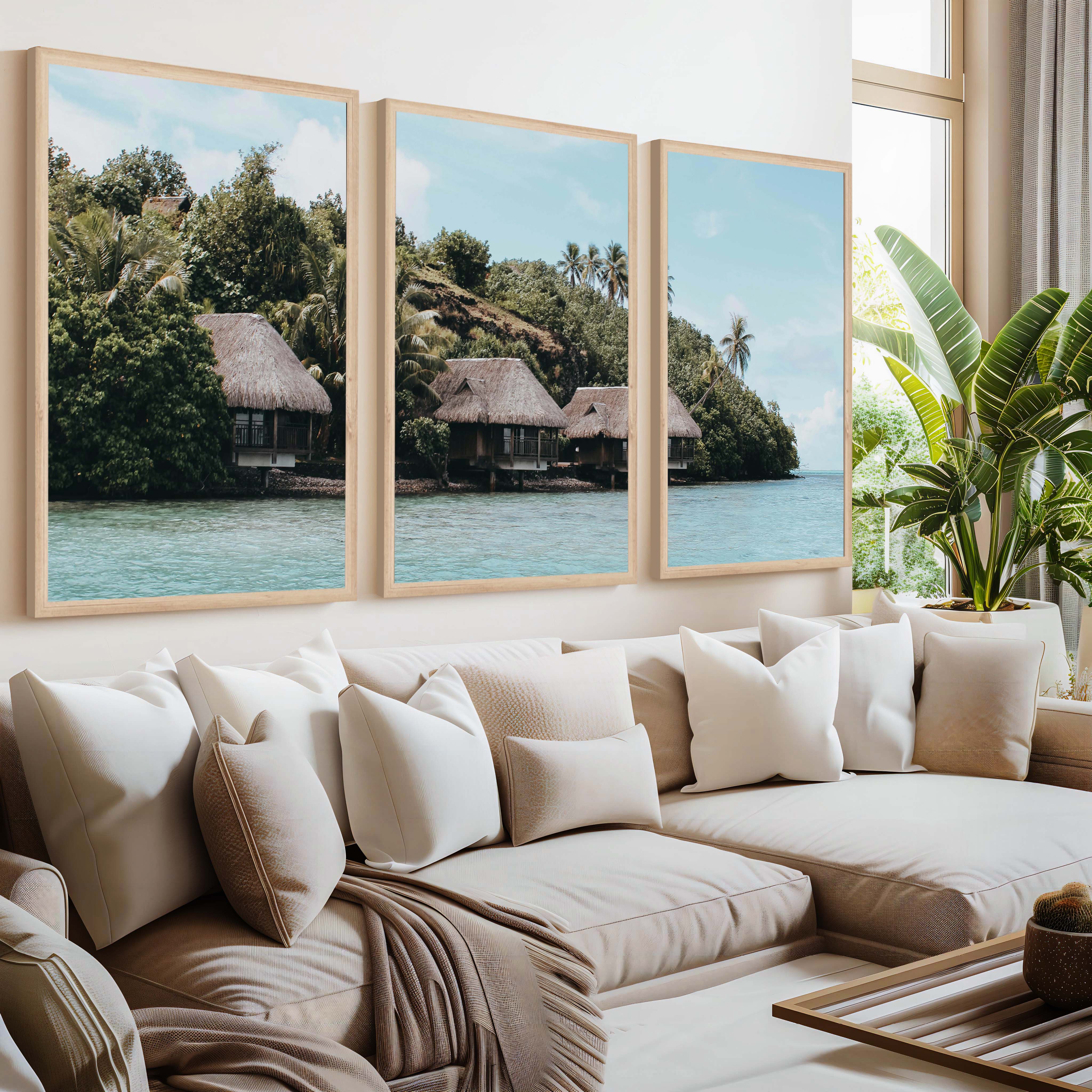 Colorful Coastal Wall Art – Island Huts and Turquoise Sea - Natural Wood Framed Poster No Border - Artworksets