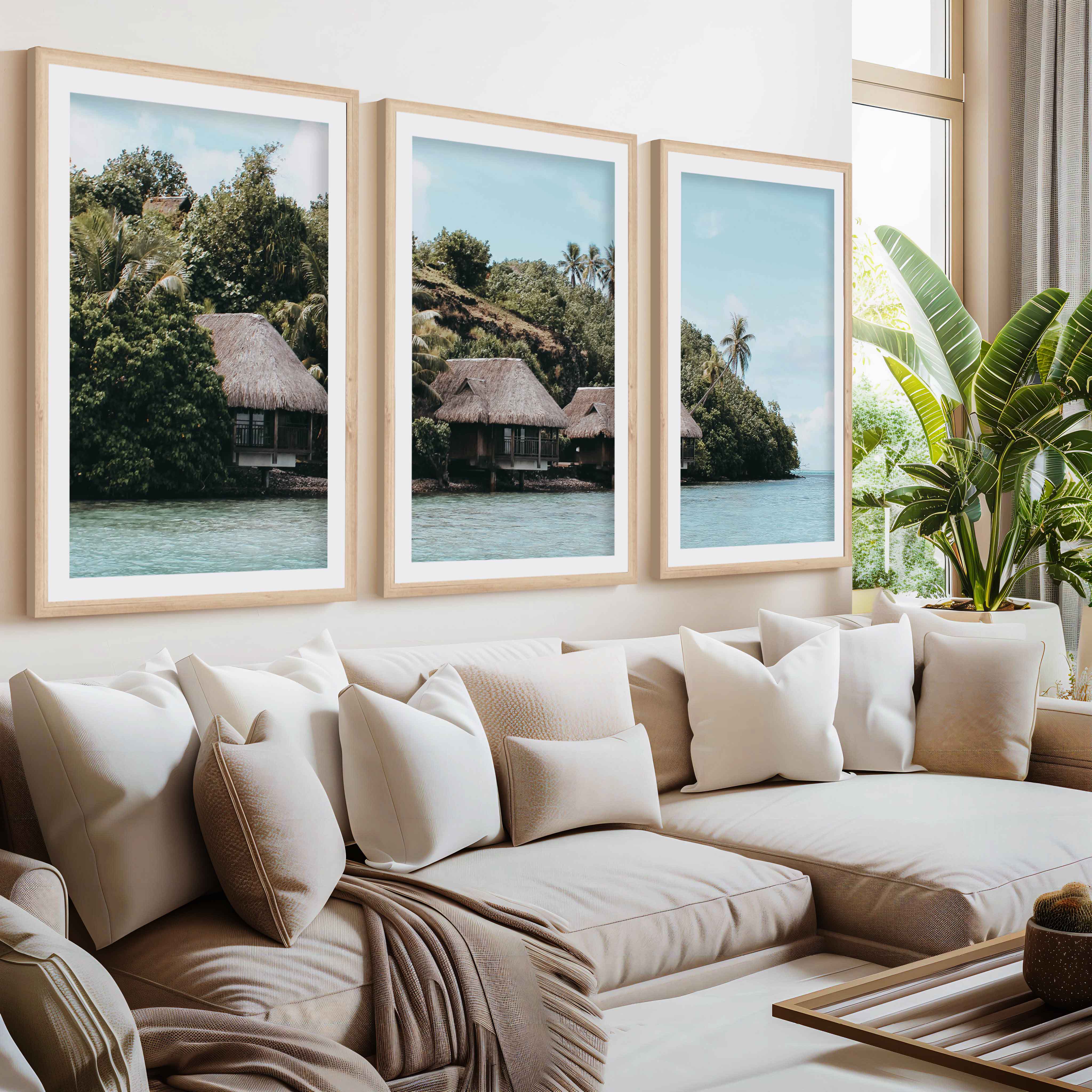 Colorful Coastal Wall Art – Island Huts and Turquoise Sea- Natural Wood Framed Poster with White Border - Artworksets