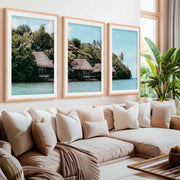 Colorful Coastal Wall Art – Island Huts and Turquoise Sea- Natural Wood Framed Poster with White Border - Artworksets