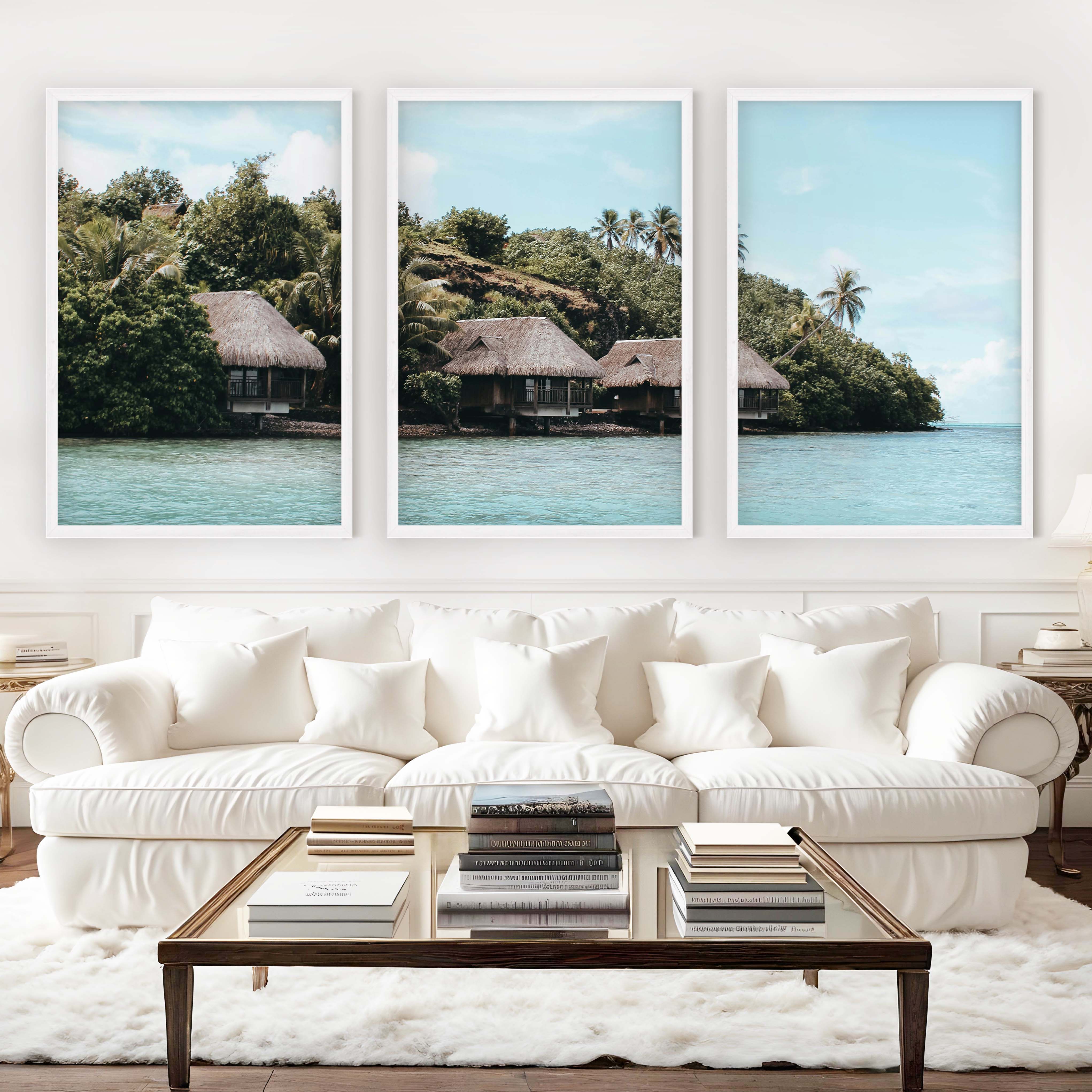 Colorful Coastal Wall Art – Island Huts and Turquoise Sea - White Framed Poster No Border - Artworksets