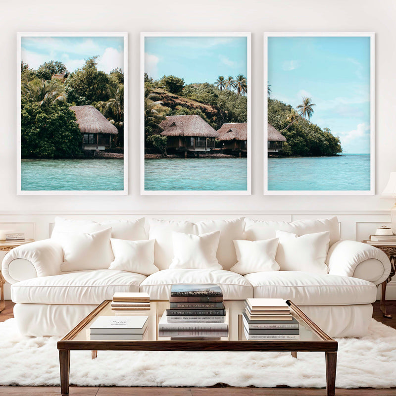 Colorful Coastal Wall Art – Island Huts and Turquoise Sea - White Framed Poster No Border - Artworksets