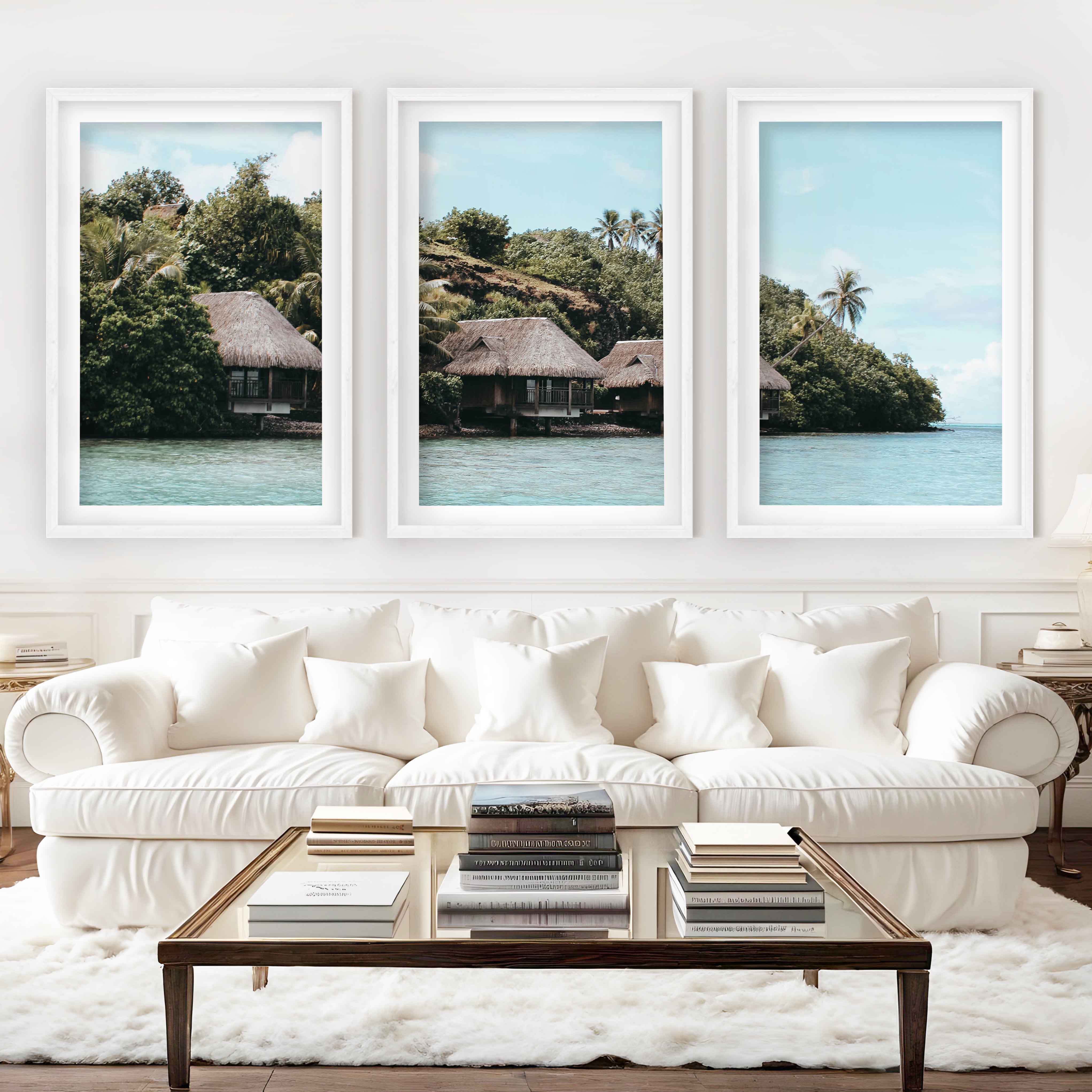 Colorful Coastal Wall Art – Island Huts and Turquoise Sea - White Framed Poster with White Border - Artworksets