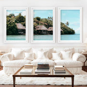 Colorful Coastal Wall Art – Island Huts and Turquoise Sea - White Framed Poster with White Border - Artworksets