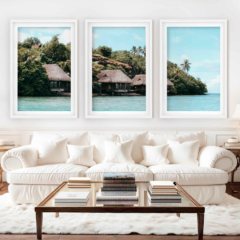 Colorful Coastal Wall Art – Island Huts and Turquoise Sea - White Framed Poster with White Border - Artworksets