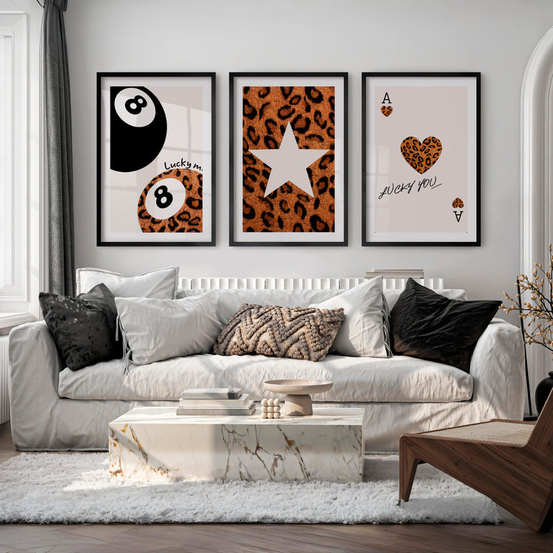 Leopard Lucky 8 Ball vintage aesthetic poster - Black Framed Poster with White Border - Artworksets