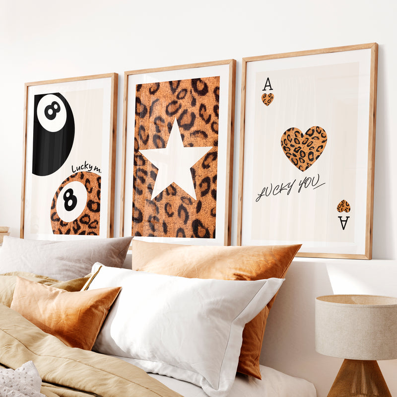 Leopard Lucky 8 Ball vintage aesthetic poster- Natural Wood Framed Poster with White Border - Artworksets