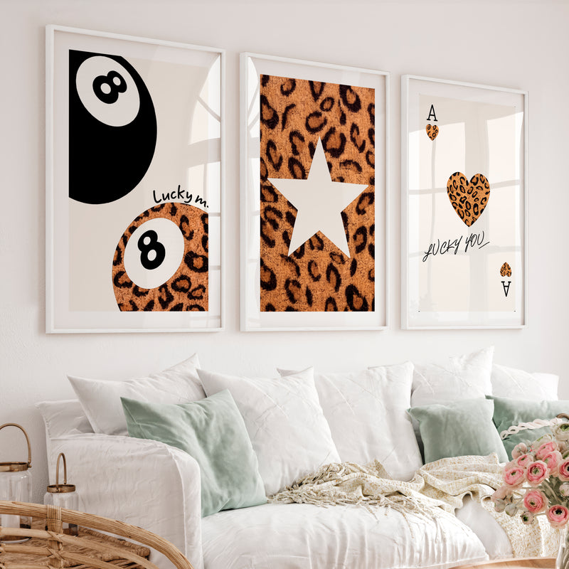 Leopard Lucky 8 Ball vintage aesthetic poster - White Framed Poster with White Border - Artworksets