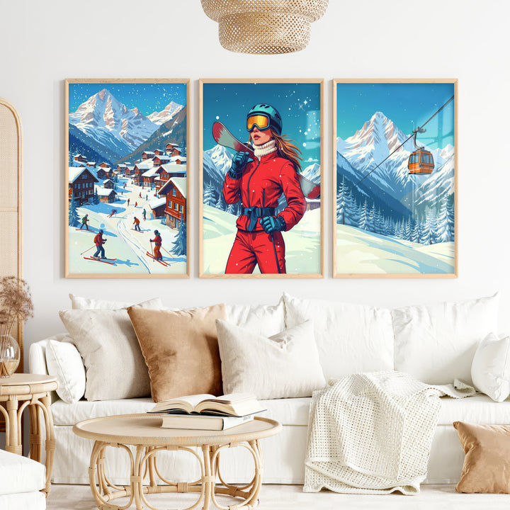 Vintage Apres Ski Resort Set of 3 Prints. Winter Sports Decor - Natural Wood Framed Poster No Border - Artworksets