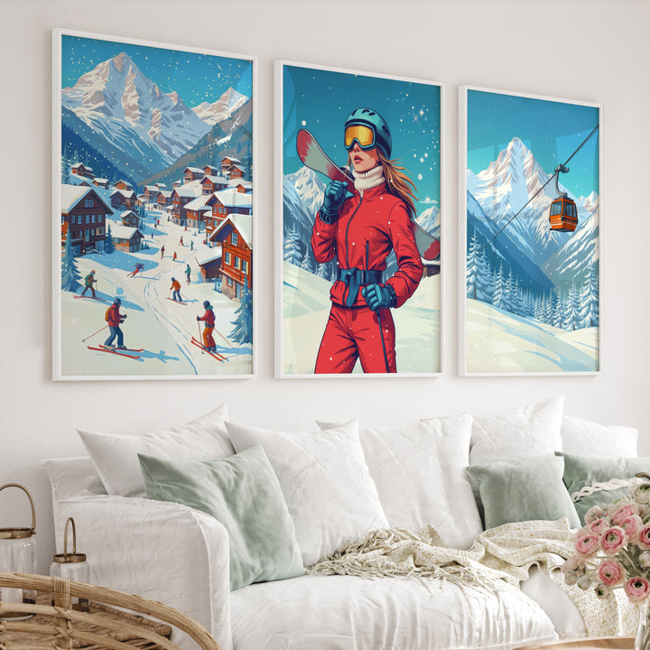 Vintage Apres Ski Resort Set of 3 Prints. Winter Sports Decor - White Framed Poster No Border - Artworksets