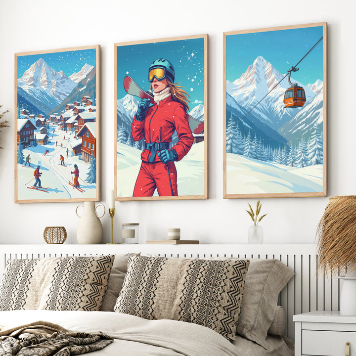 Vintage Apres Ski Resort Set of 3 Prints. Winter Sports Decor - Natural Wood Framed Poster No Border - Artworksets
