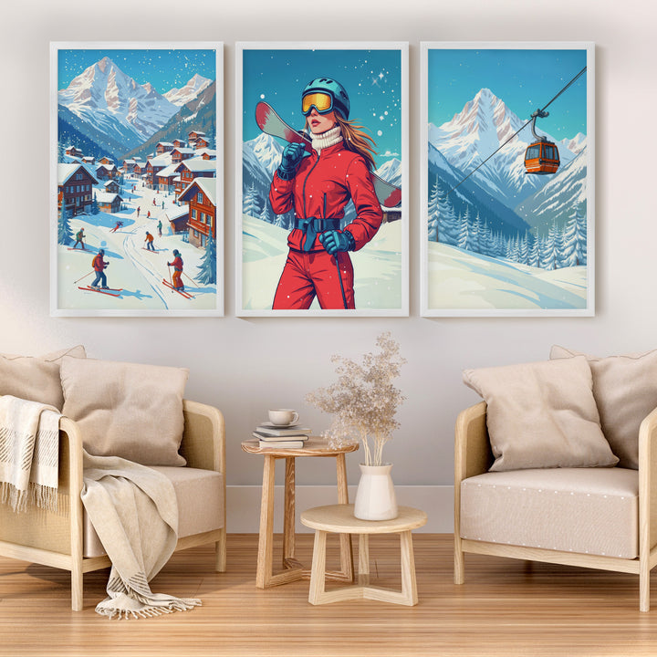 Vintage Apres Ski Resort Set of 3 Prints. Winter Sports Decor - White Framed Poster No Border - Artworksets