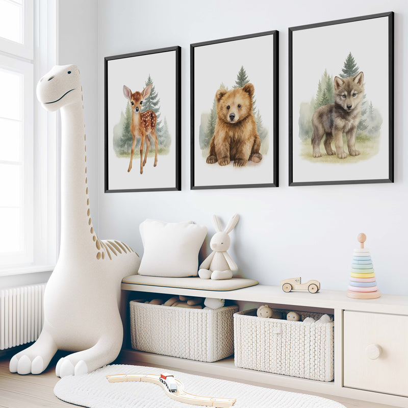 Vintage Nursery Wall Art – Forest Animal Trio: Deer, Bear & Wolf - Black Framed Poster No Border - Artworksets