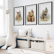 Vintage Nursery Wall Art – Forest Animal Trio: Deer, Bear & Wolf - Black Framed Poster with White Border - Artworksets