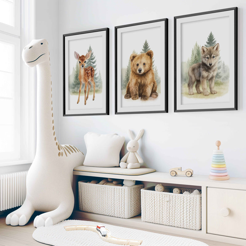 Vintage Nursery Wall Art – Forest Animal Trio: Deer, Bear & Wolf - Black Framed Poster with White Border - Artworksets