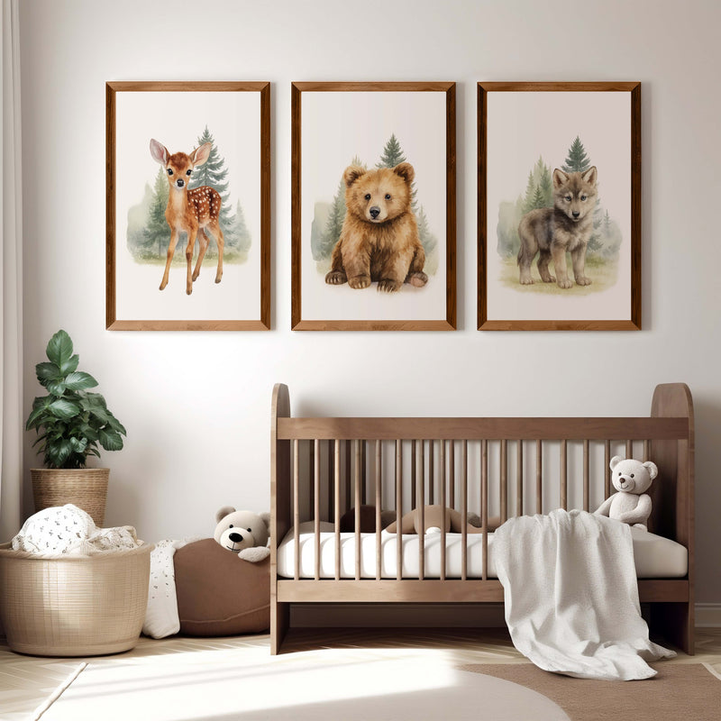 Vintage Nursery Wall Art – Forest Animal Trio: Deer, Bear & Wolf - Dark Brown Framed Poster No Border - Artworksets