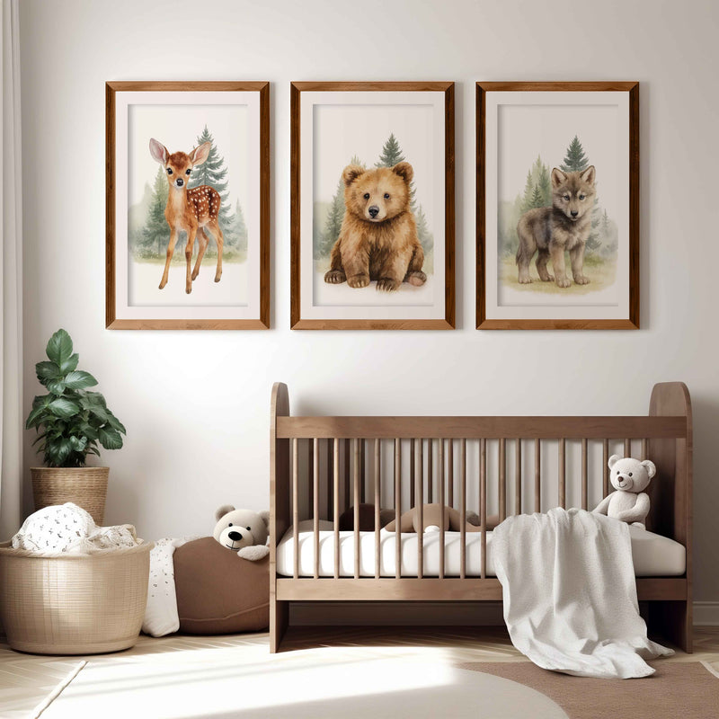 Vintage Nursery Wall Art – Forest Animal Trio: Deer, Bear & Wolf - Dark Brown Framed Poster with White Border - Artworksets