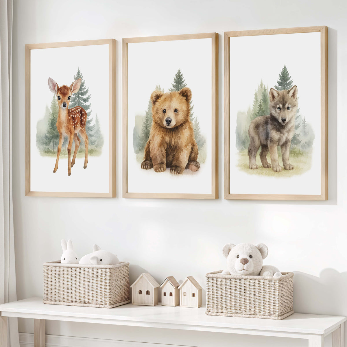 Vintage Nursery Wall Art – Forest Animal Trio: Deer, Bear & Wolf - Natural Wood Framed Poster No Border - Artworksets