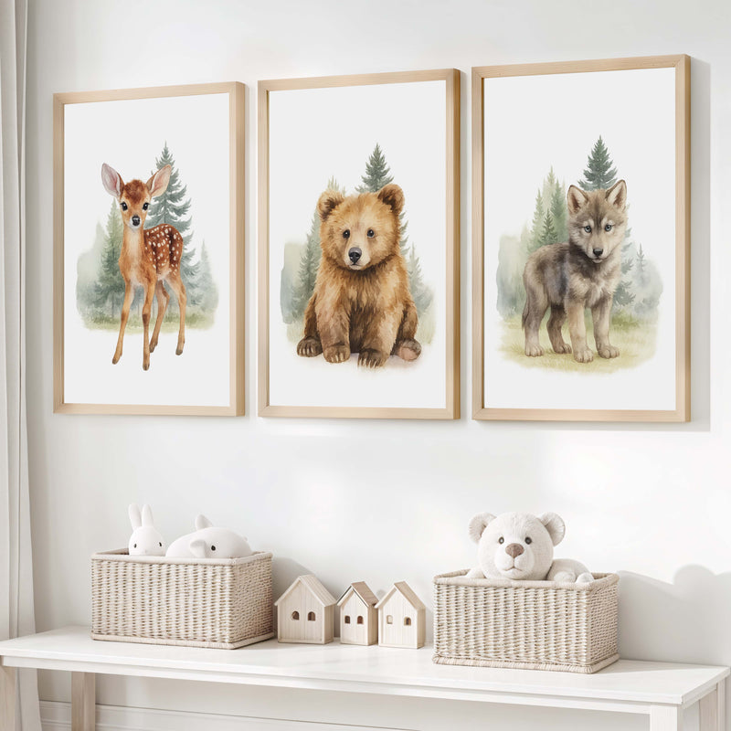 Vintage Nursery Wall Art – Forest Animal Trio: Deer, Bear & Wolf - Natural Wood Framed Poster No Border - Artworksets