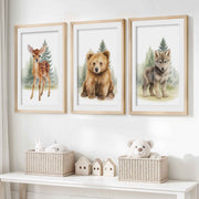 Vintage Nursery Wall Art – Forest Animal Trio: Deer, Bear & Wolf- Natural Wood Framed Poster with White Border - Artworksets