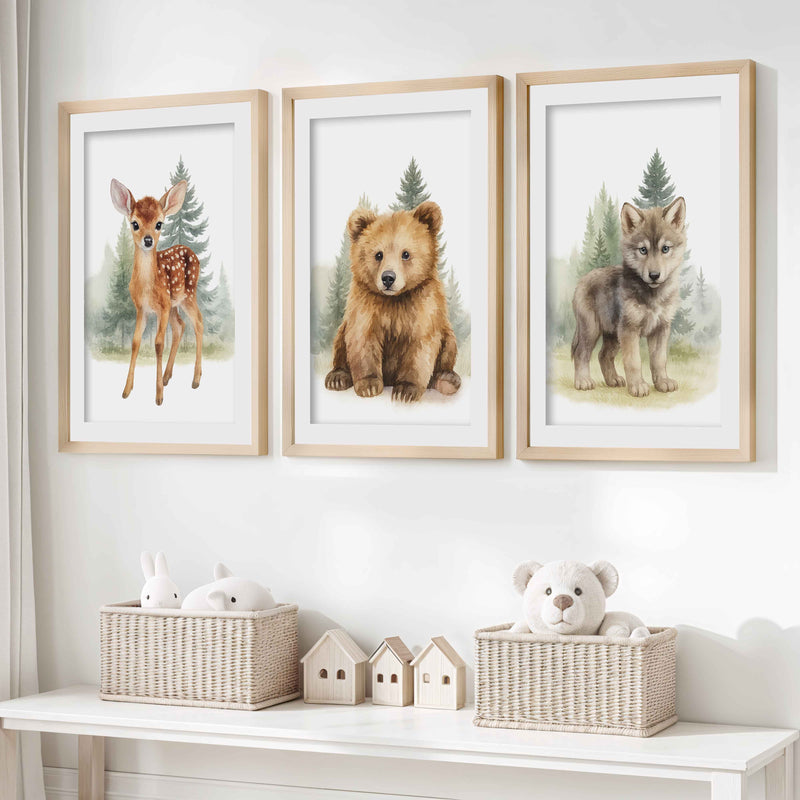Vintage Nursery Wall Art – Forest Animal Trio: Deer, Bear & Wolf- Natural Wood Framed Poster with White Border - Artworksets