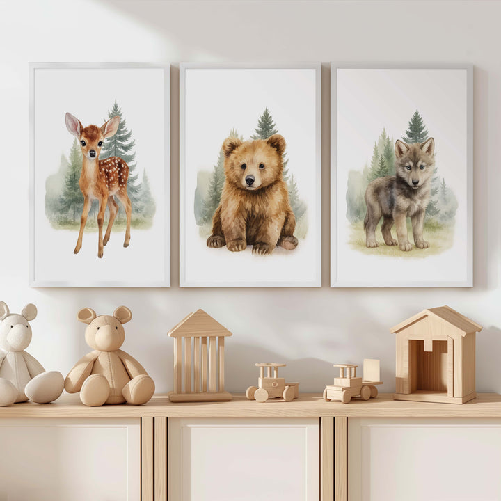 Vintage Nursery Wall Art – Forest Animal Trio: Deer, Bear & Wolf - White Framed Poster No Border - Artworksets