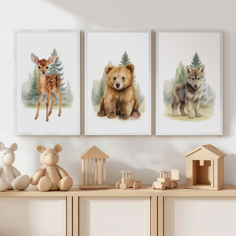 Vintage Nursery Wall Art – Forest Animal Trio: Deer, Bear & Wolf - White Framed Poster No Border - Artworksets