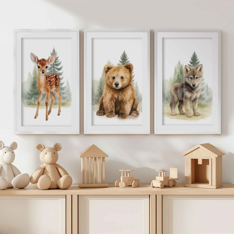 Vintage Nursery Wall Art – Forest Animal Trio: Deer, Bear & Wolf - White Framed Poster with White Border - Artworksets