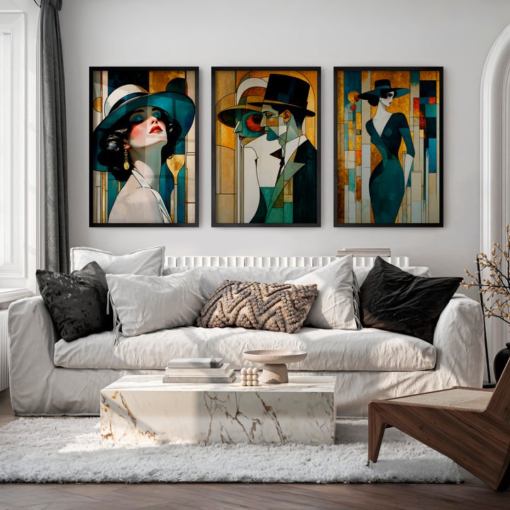 Teal Hat Fashion Figures vintage art - Black Framed Poster No Border - Artworksets