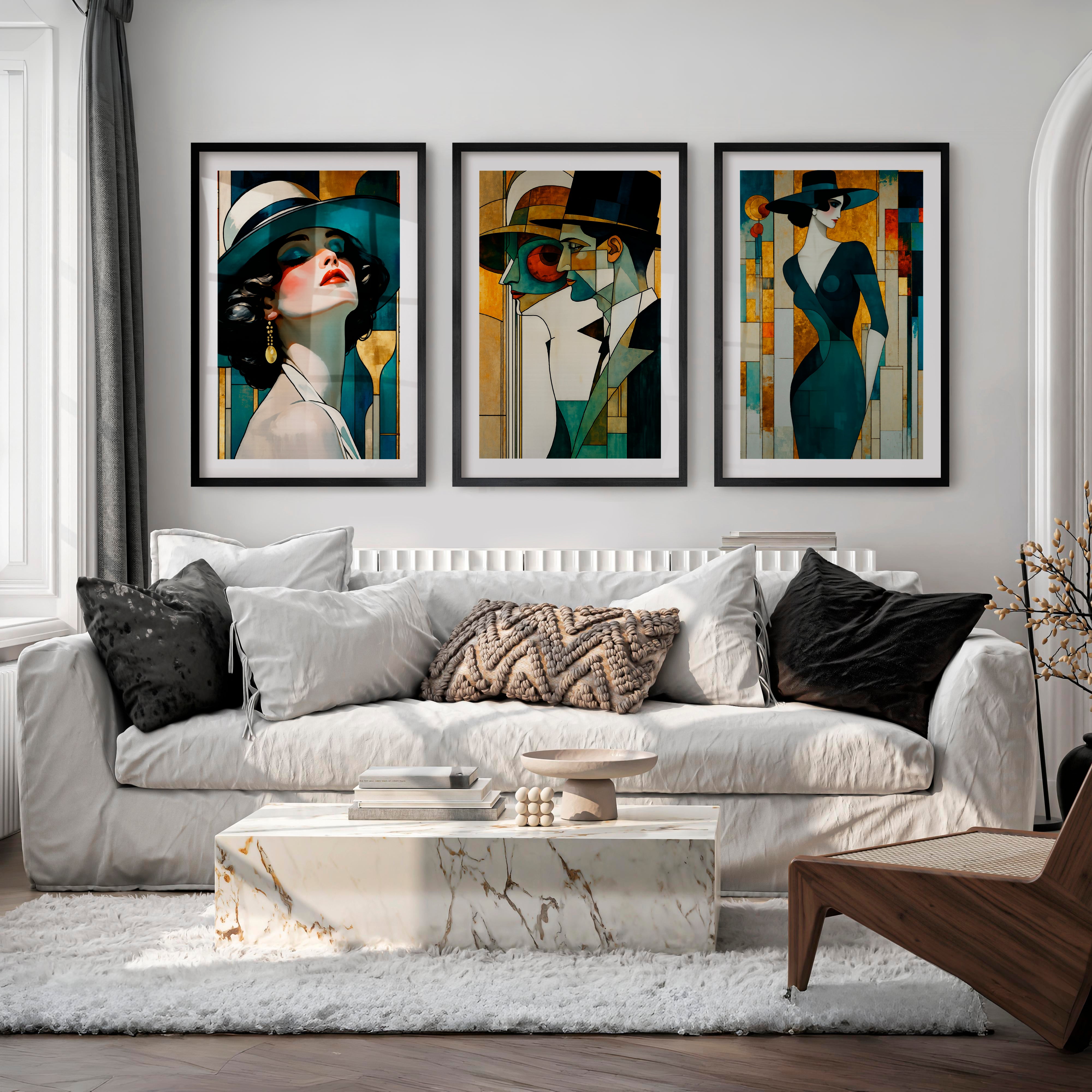 Teal Hat Fashion Figures vintage art - Black Framed Poster with White Border - Artworksets