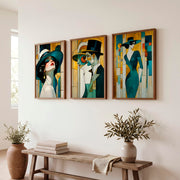 Teal Hat Fashion Figures vintage art - Dark Brown Framed Poster No Border - Artworksets