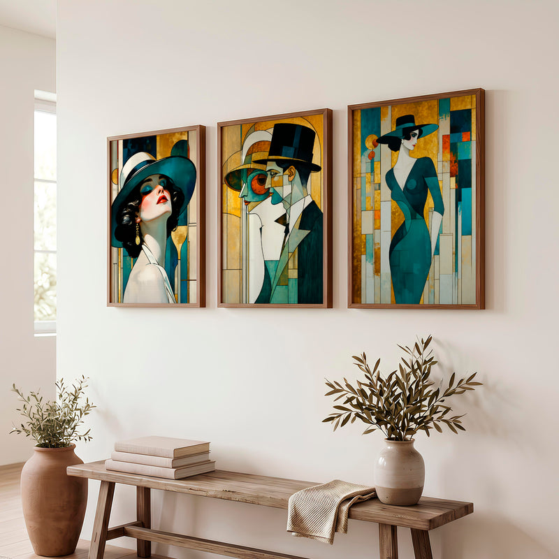 Teal Hat Fashion Figures vintage art - Dark Brown Framed Poster No Border - Artworksets