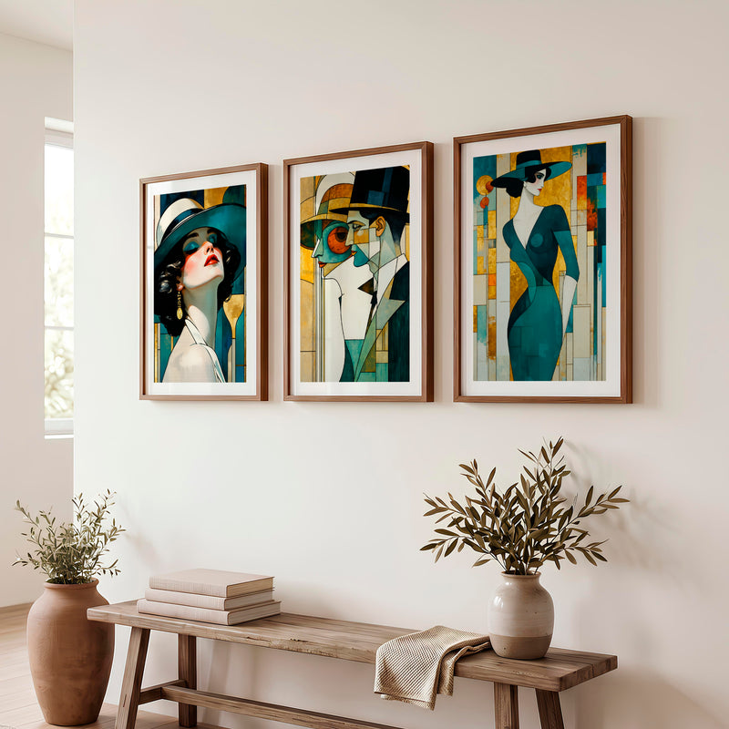 Teal Hat Fashion Figures vintage art - Dark Brown Framed Poster with White Border - Artworksets