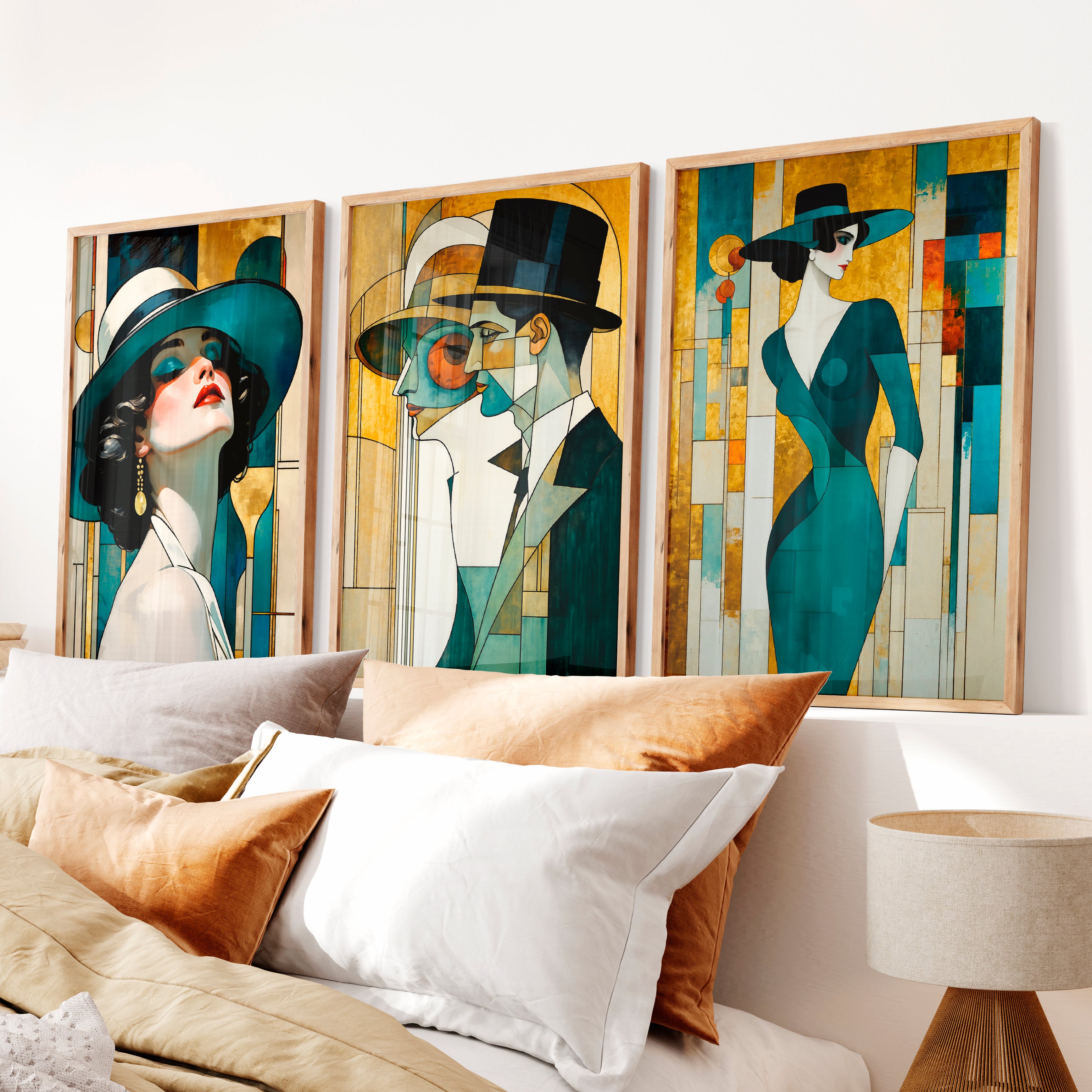 Teal Hat Fashion Figures vintage art - Natural Wood Framed Poster No Border - Artworksets