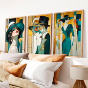 Teal Hat Fashion Figures vintage art - Natural Wood Framed Poster No Border - Artworksets