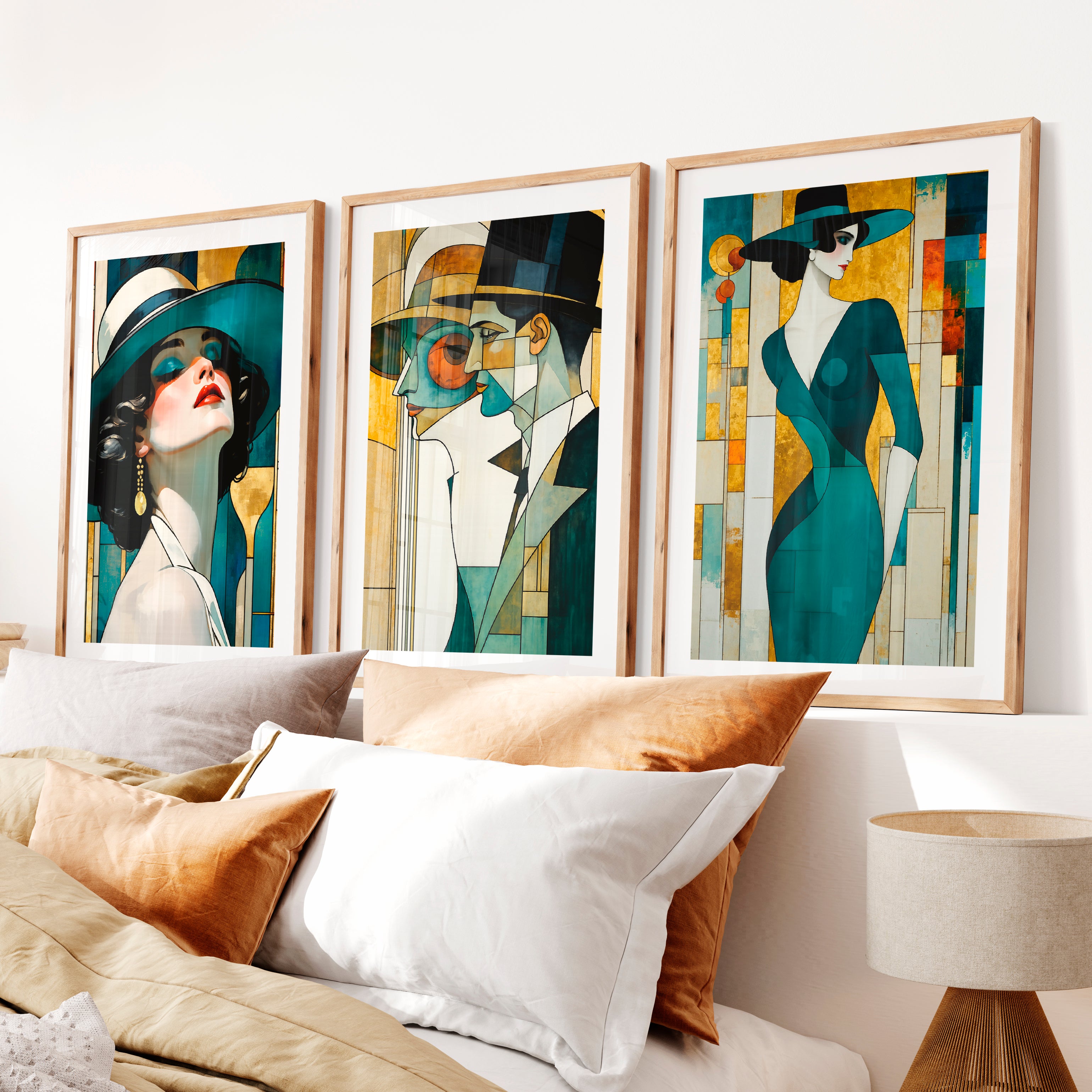 Teal Hat Fashion Figures vintage art- Natural Wood Framed Poster with White Border - Artworksets