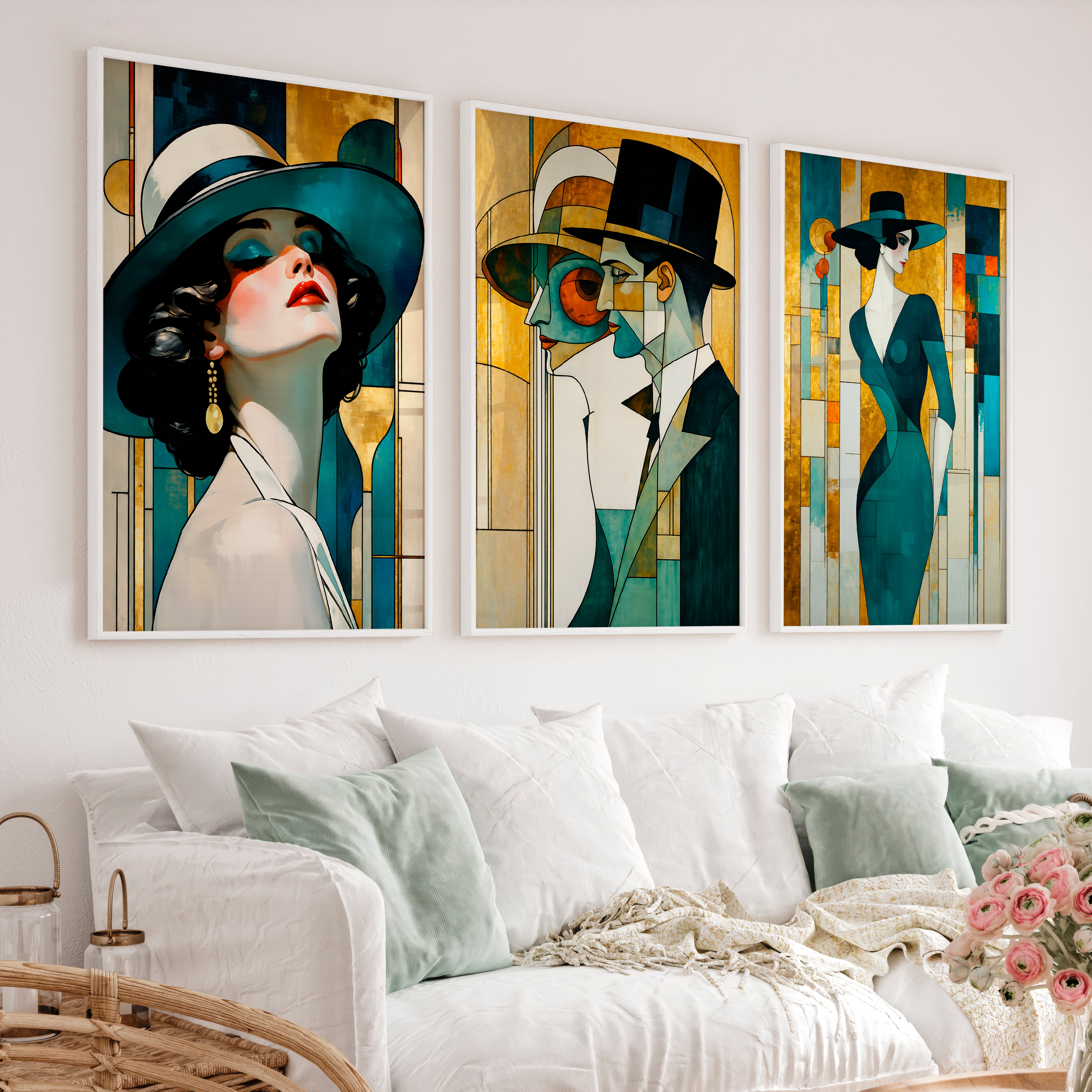 Teal Hat Fashion Figures vintage art - White Framed Poster No Border - Artworksets