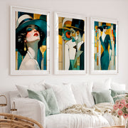 Teal Hat Fashion Figures vintage art - White Framed Poster with White Border - Artworksets
