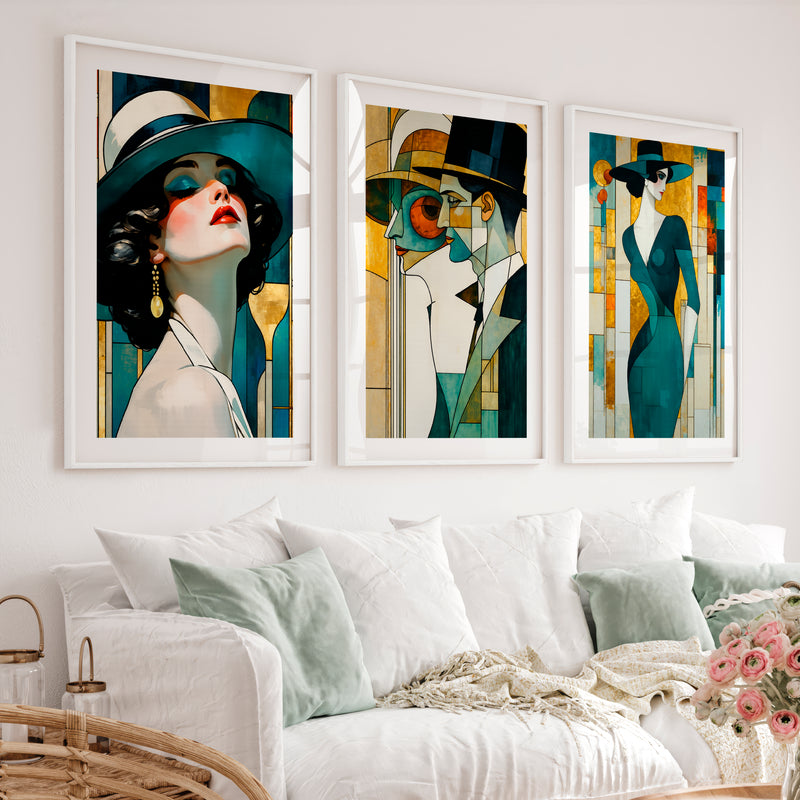 Teal Hat Fashion Figures vintage art - White Framed Poster with White Border - Artworksets