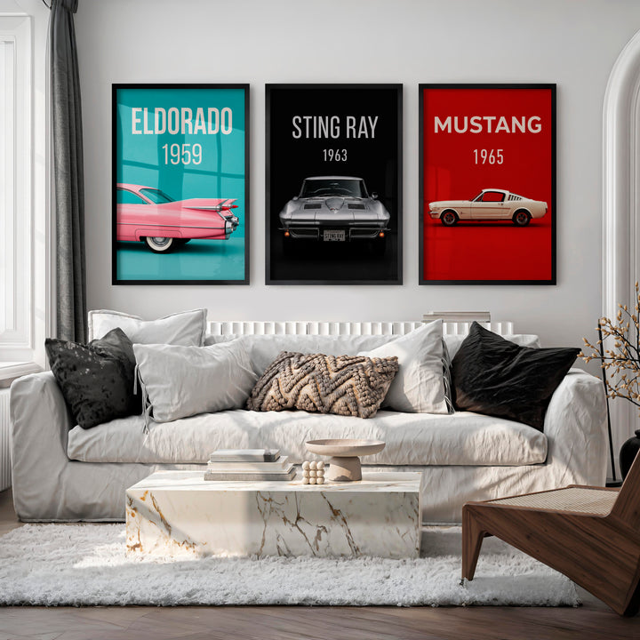 Classic Vintage Art Wall Featuring Eldorado, Sting Ray, and Mustang Cars - Black Framed Poster No Border - Artworksets