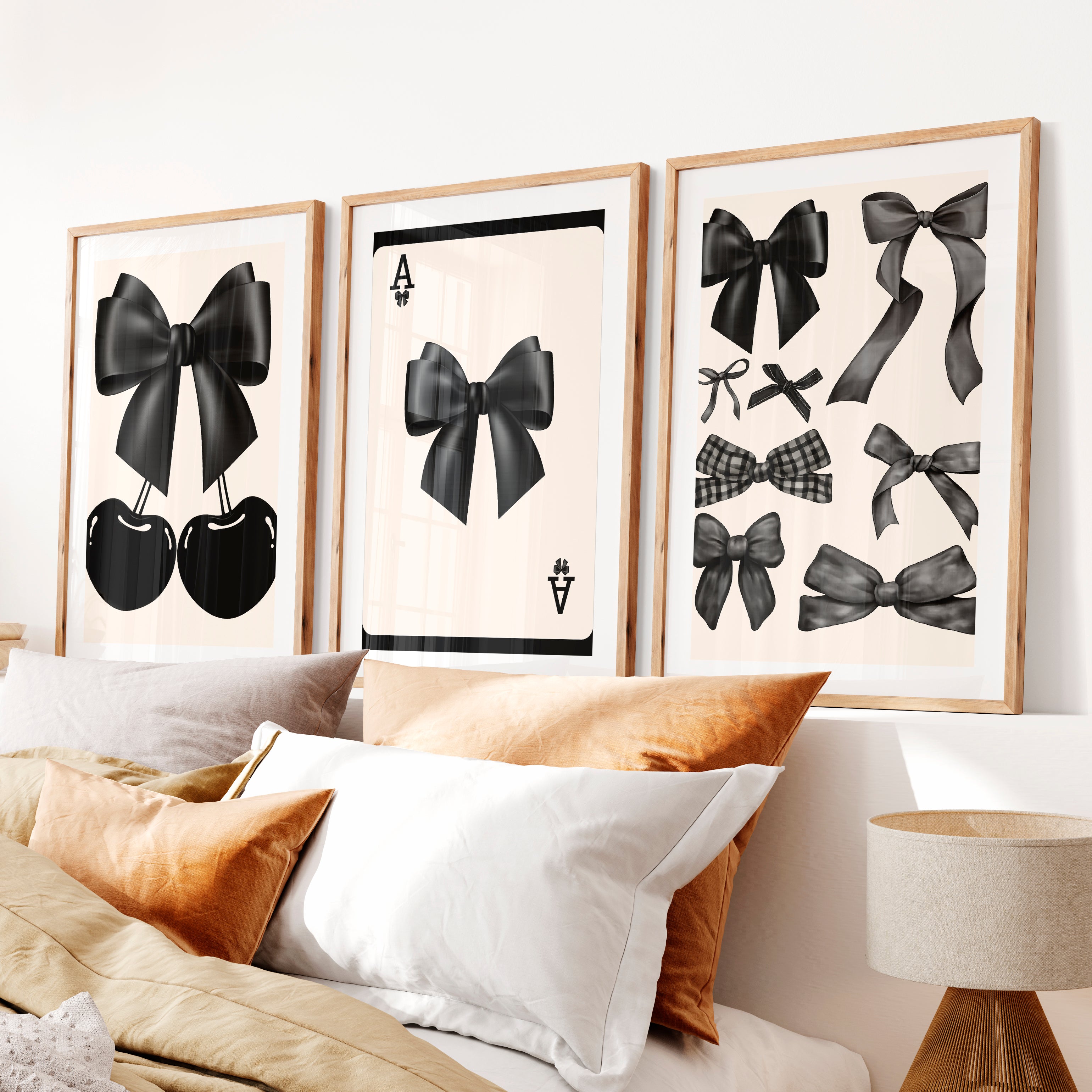 Black Bow and Cherry vintage artwork- Natural Wood Framed Poster with White Border - Artworksets