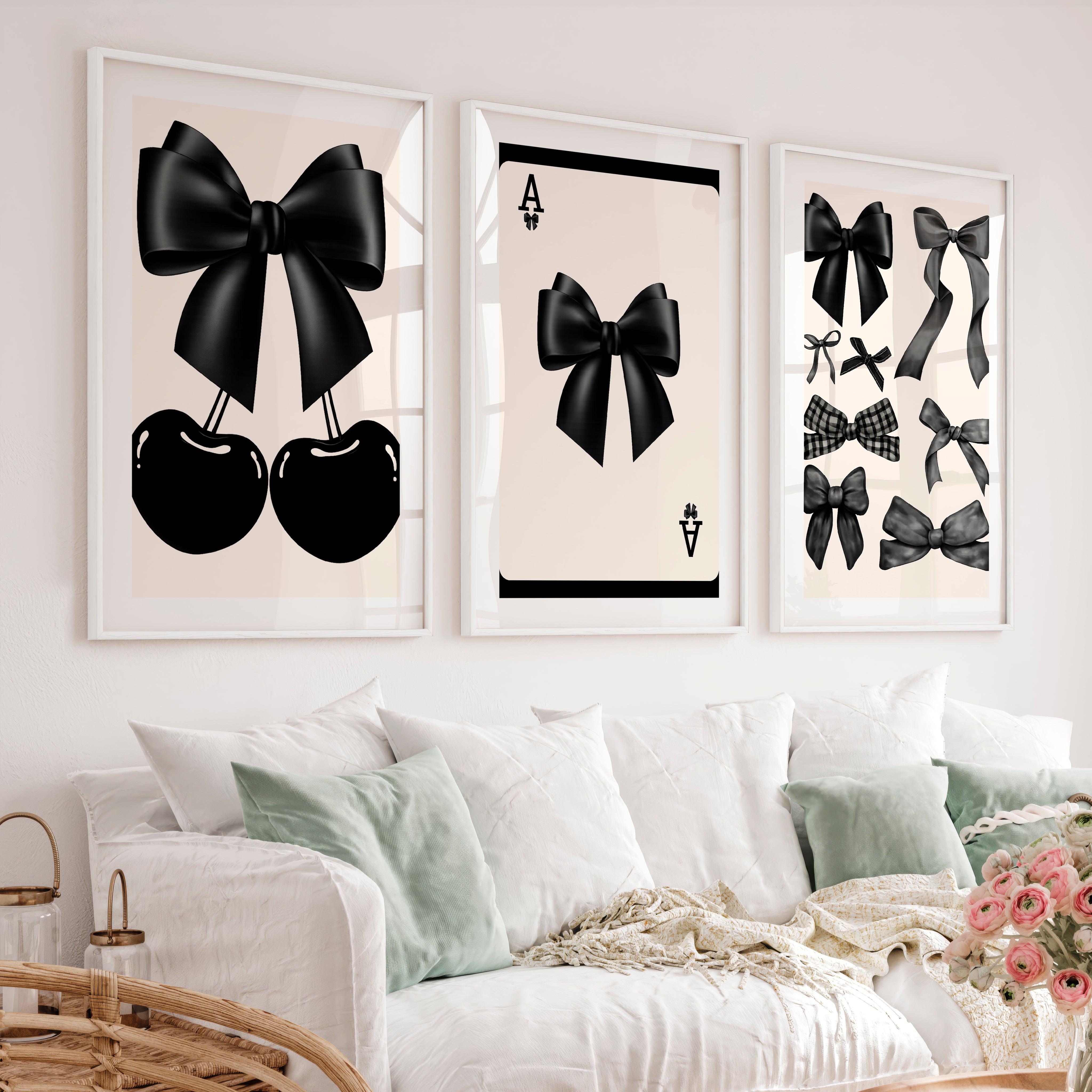 Black Bow and Cherry vintage artwork - White Framed Poster with White Border - Artworksets