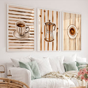 Vintage Artwork Featuring Coffee Cup and Espresso Maker Set - White Framed Poster No Border - Artworksets