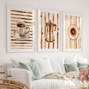 Vintage Artwork Featuring Coffee Cup and Espresso Maker Set - White Framed Poster with White Border - Artworksets